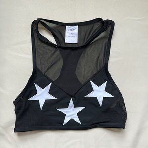 BURNING MAN, black mesh racer back with white stars
